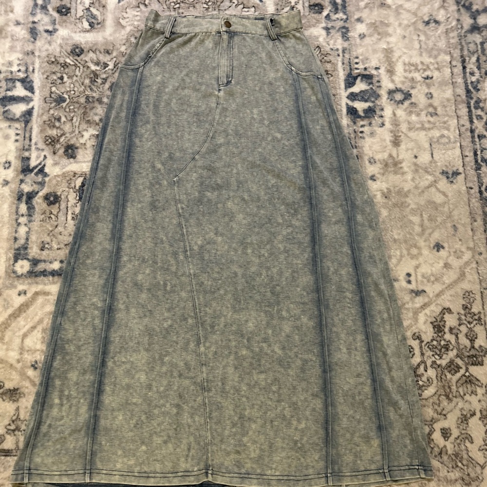 Crew Basics Vintage-Inspired Light Blue “Denim Look” Maxi Skirt